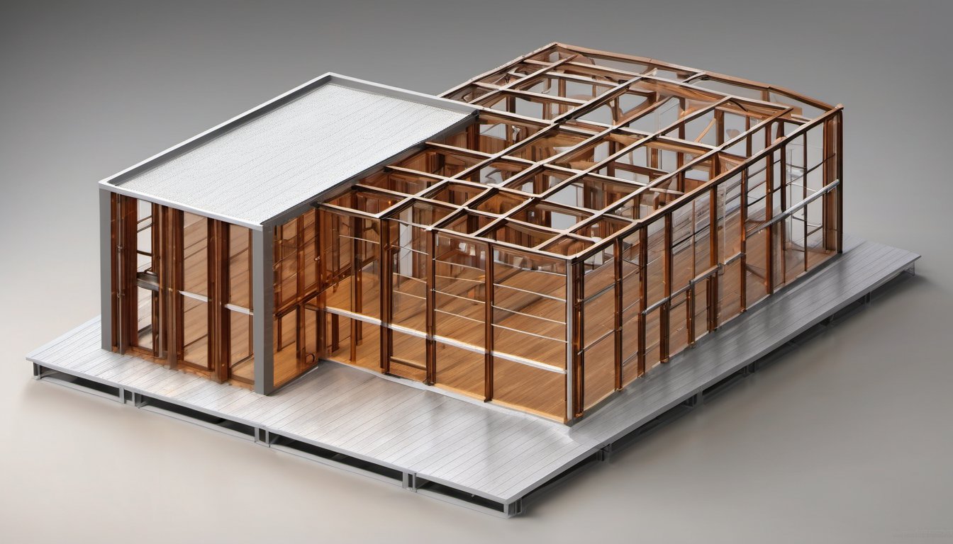 Isometric structural model — steel and heavy-timber frame over a podium slab